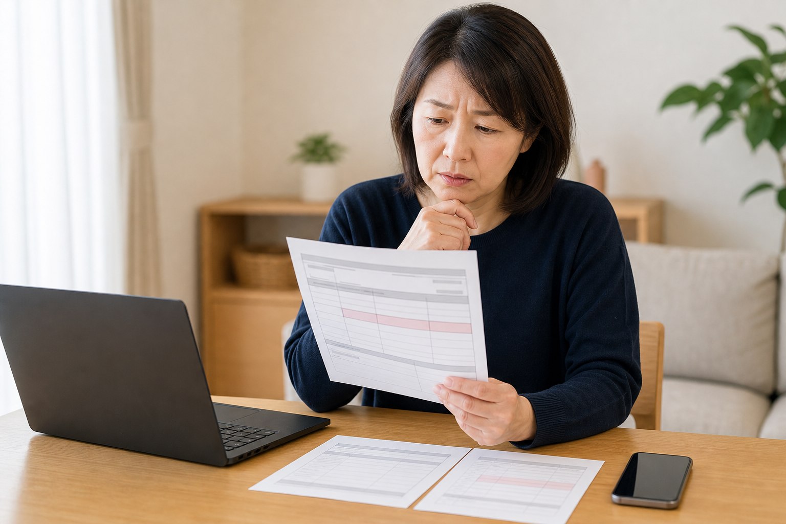 身に覚えのない引き落とし明細を見て困っている利用者のイメージ（AI生成）
