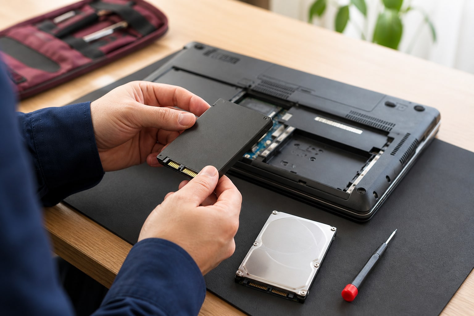 ノートパソコンのSSD交換を準備する作業のイメージ（AI生成）