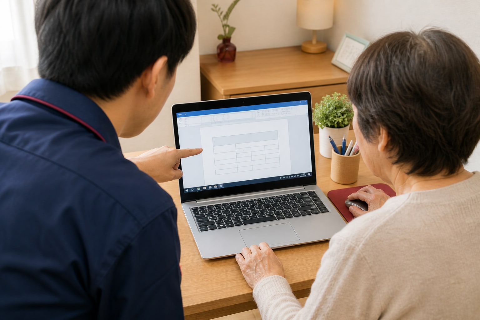 自宅のパソコン画面を一緒に確認する訪問操作支援のイメージ（AI生成）
